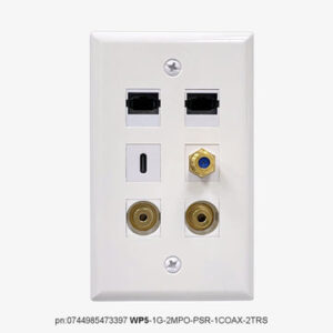 FIBER WALLPLATE® WP6 1G-2MPO-PSR-3TRS | 1-Gang Wall Plate with 2 MPO plus PSR powershare for LaserTAIL PRO HDMI plugs plus 3 TRS 3.5mm jack compatible with PRO Cables