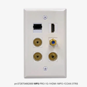 FIBER WALLPLATE® WP7-1G-2MPO-1COAX-3TRS | 1-Gang Wall Plate with 2 MPO plus 1 Coax plus 3 TRS 3.5mm jack compatible with PRO Cables