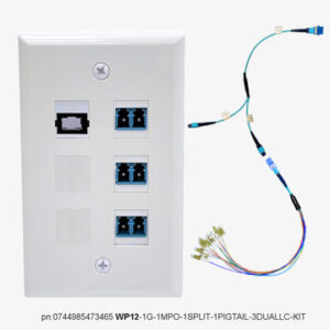 FIBER WALLPLATE® WP12-1G-1MPO-1SPLIT-1PIGTAIL-3DUALLC-KIT | 1-Placă de perete Gang cu 1 MPO plus 1to2 MPO Splitter with LC pigtail to 6 LC keystone plugs KIT
