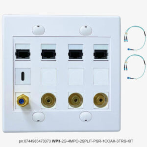 FIBER WALLPLATE® WP3-2G-4MPO-2SPLIT-PSR-1COAX-3TRS-KIT | 2-Gang Väggplatta med 4 MPO + 2 MPO Splitters + PSR powershare for LaserTAIL PRO HDMI plugs + 1 Coaxial + 3 TRS 3.5mm jack